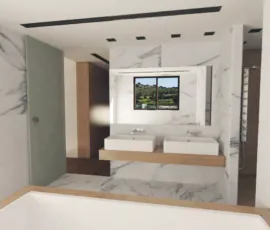 3D rendering of luxury bathroom with double white vessel sinks on wooden floating vanity and large wall mirror Alimos