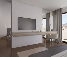 3D rendering of luxury bedroom with floating wooden desk wall-mounted TV and large window with mountain view Alimos