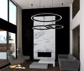 Luxury double-height living room interior in Alimos with a large marble fireplace black feature wall modern circular chandeliers and floor-to-ceiling windows by RED Constructions