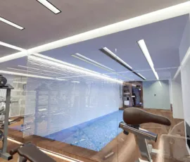 3D rendering of luxury basement home gym with weights indoor swimming pool and modern lighting Alimos