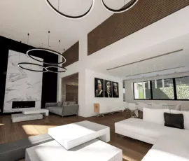 Modern interior design living room with marble fireplace and dining area Pani Alimos