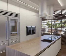3D rendering of luxury kitchen with stainless steel built-in refrigerator ovens and wooden louvers Alimos