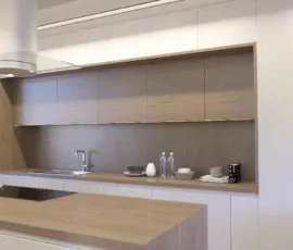 Close-up 3D rendering of modern kitchen cabinets with wood finish and integrated LED lighting Alimos