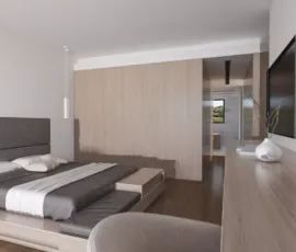 Luxury master bedroom 3D rendering with wooden wall panels gray upholstered bed and ensuite bathroom access Alimos