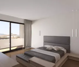 Luxury master bedroom interior in Alimos with large floor-to-ceiling windows panoramic sea view and spacious wooden terrace by RED Constructions
