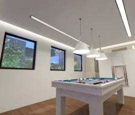 3D rendering of basement playroom with white billiard table modern pendant lights and windows to light well Alimos