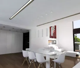 Modern white dining table 3D rendering with minimalist pendant lights and white chairs Alimos