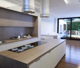 Modern kitchen 3D rendering with wooden textures central island and professional appliances Alimos
