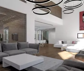 Luxury open-plan living room 3D rendering with modern art and high ceilings Alimos