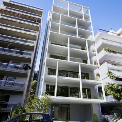 Modern residential architecture at Artemidos 42 Final 3D architectural rendering of the Artemidos 42 residential building in Palaio Faliro.