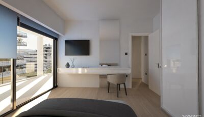 Artemidos 42 Palaio Faliro Master Bedroom Vanity Desk and TV View Architectural Visualization VARC Studio