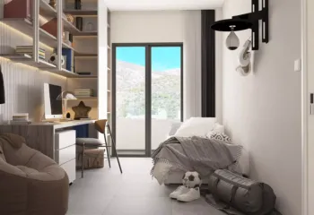 Interior 3D architectural rendering of a modern teen bedroom in a Galatsi apartment, featuring a custom study desk, LED-lit shelving, and a balcony view of Veikou Hill.