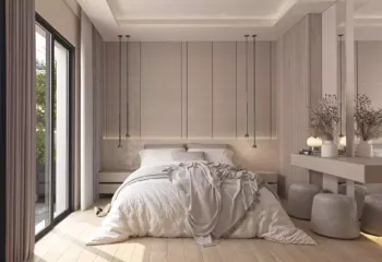 Interior 3D rendering of a luxury master bedroom in Pasalimani Piraeus, featuring a wooden wall panel headboard, minimal hanging lights, and a modern vanity table.