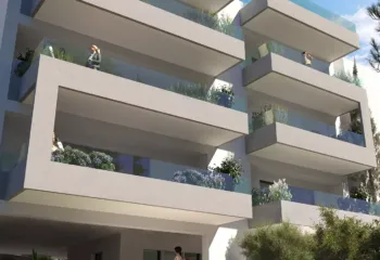 Exterior 3D architectural rendering of a modern minimalist residential building in Galatsi, featuring large balconies with glass railings and lush green landscaping near Veikou Hill.