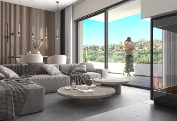 Interior 3D architectural rendering of a luxury apartment living room in Galatsi, featuring slatted wood wall panels, a fireplace, and a balcony with Veikou Hill views.