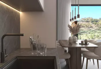 Interior 3D architectural rendering of a modern luxury kitchen and dining area in a Galatsi apartment, featuring dark marble surfaces and panoramic views.