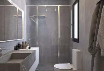 Interior 3D architectural rendering of a modern luxury bathroom in a Galatsi apartment, showcasing a floating grey marble vanity sink, large format tiles, and linear LED ceiling lighting.