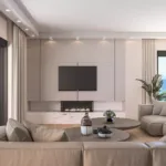 Luxury living room interior rendering overlooking the new Ellinikon Metropolitan Park