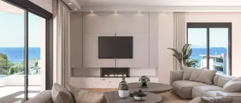Luxury living room interior rendering overlooking the new Ellinikon Metropolitan Park