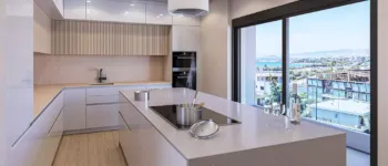 Modern kitchen design rendering with views of the Ellinikon Metropolitan Park, Alimos - VARC Studio