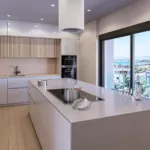 Modern kitchen design rendering with views of the Ellinikon Metropolitan Park, Alimos - VARC Studio