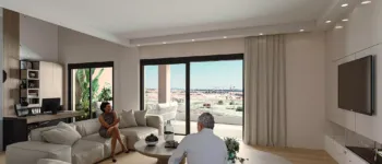 Luxury living room interior rendering overlooking the new Ellinikon Metropolitan Park