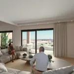 Luxury living room interior rendering overlooking the new Ellinikon Metropolitan Park