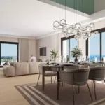 Luxury living room interior rendering overlooking the new Ellinikon Metropolitan Park