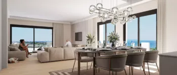 Luxury living room interior rendering overlooking the new Ellinikon Metropolitan Park