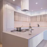 Modern kitchen design rendering with views of the Ellinikon Metropolitan Park, Alimos - VARC Studio