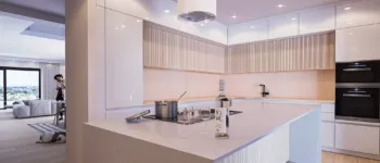 Modern kitchen design rendering with views of the Ellinikon Metropolitan Park, Alimos - VARC Studio