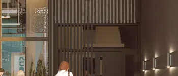 Refined entrance design emphasizing security and modern urban aesthetics. Close-up architectural visualization of the residential entrance at Acharnon 60, Athens, featuring vertical wooden slats, modern lighting fixtures, and high-end finishes.