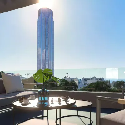 The iconic Riviera Tower skyscraper view from the private balcony of Ellinikon Residential Development. Ellinikon Residential - Riviera Tower View