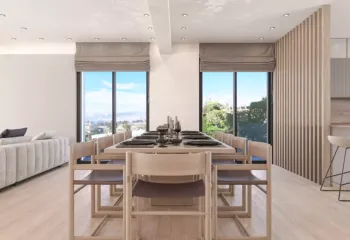 Luxury balcony rendering with Riviera Tower skyscraper view in Ellinikon by VARC