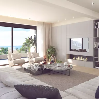 Serene coastal living. Project: 3rd St, Elliniko | Render by VARC Studio. Modern luxury living room in Elliniko by VARC Studio featuring a large white sectional sofa a contemporary fireplace and a wide balcony door with a panoramic view of the Saronic Gulf