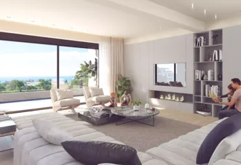Modern luxury living room in Elliniko by VARC Studio featuring a large white sectional sofa a contemporary fireplace and a wide balcony door with a panoramic view of the Saronic Gulf