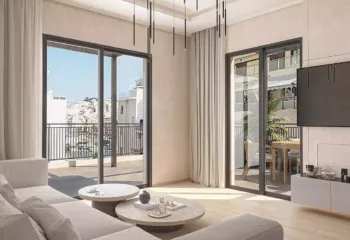 Interior 3D architectural rendering of a renovated luxury penthouse living room in Pasalimani Piraeus, featuring contemporary furniture, a minimalist media console, and a balcony with marina views.