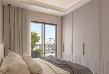 Interior 3D architectural rendering of a renovated penthouse master bedroom in Pasalimani Piraeus, featuring neutral tones, a custom floor-to-ceiling wardrobe, and a balcony view of the marina.