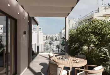 Exterior 3D rendering of a renovated penthouse terrace in Pasalimani Piraeus, featuring a wooden outdoor dining table under a modern canopy pergola, with plants and a marina view.
