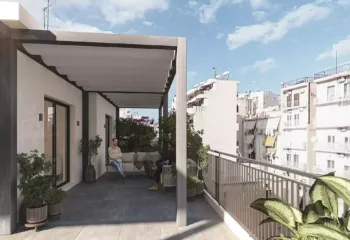 Exterior 3D rendering of a luxury penthouse balcony in Pasalimani Piraeus, featuring a modern retractable pergola, outdoor sofa seating, and a city view.
