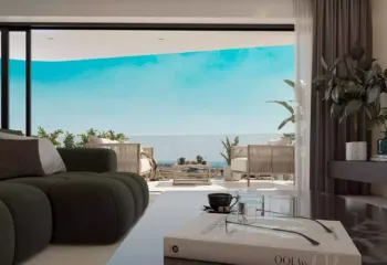Wide angle interior of a luxury penthouse in Alimos with high-end furniture panoramic windows overlooking the Ellinikon Metropolitan Park and the sea by Thekla Constructions