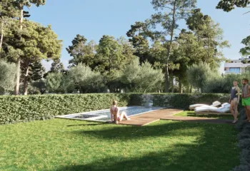 Luxury private garden with swimming pool rendering for Ellinikon Residential project by VARC