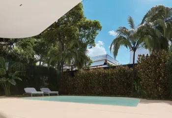 Summer living, all year round. Project: Ikarou 7 | Developer: Thekla Constructions. Architectural visualization of a private swimming pool with turquoise water sun loungers palm trees and lush green hedges in a ground floor garden in Alimos by Thekla Constructions