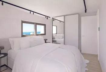 High-end loft bedroom rendering with natural light and sea breeze feel, Athens Riviera