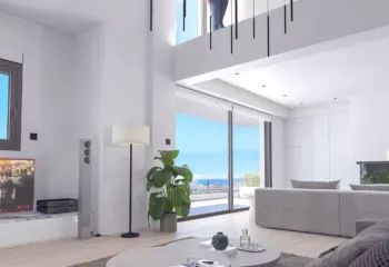 Luxury double-height loft interior visualization in Palaio Faliro, Athens Riviera