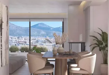 Luxury loft dining area 3D rendering with designer furniture, Palaio Faliro - VARC Studio