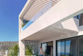 Private oasis with infinity pool at the Amerikis 2 penthouse, Ano Glyfada. Exterior 3D rendering of a luxury penthouse terrace in Ano Glyfada featuring a private swimming pool, modern outdoor lounge, and pergola design.
