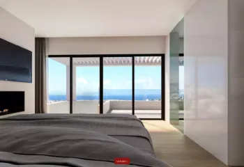 Waking up to the Saronic Gulf | The master suite at Amerikis 2. Interior 3D architectural rendering of a master bedroom in Ano Glyfada, featuring a modern built-in fireplace, minimalist decor, and large glass doors leading to a terrace with sea views.