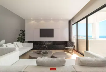 Seamless transition between luxury interiors and panoramic outdoor living at Amerikis 2. Interior 3D architectural rendering of a luxury living room in Ano Glyfada, featuring a minimalist fireplace, sea view, and direct access to a private infinity pool terrace.
