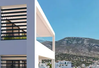 Elevated luxury living in Ano Glyfada | Project Amerikis 2 by PSI Constructions. Close-up exterior 3D architectural rendering of a luxury penthouse in Ano Glyfada, featuring a modern terrace with infinity glass details and mountain views.